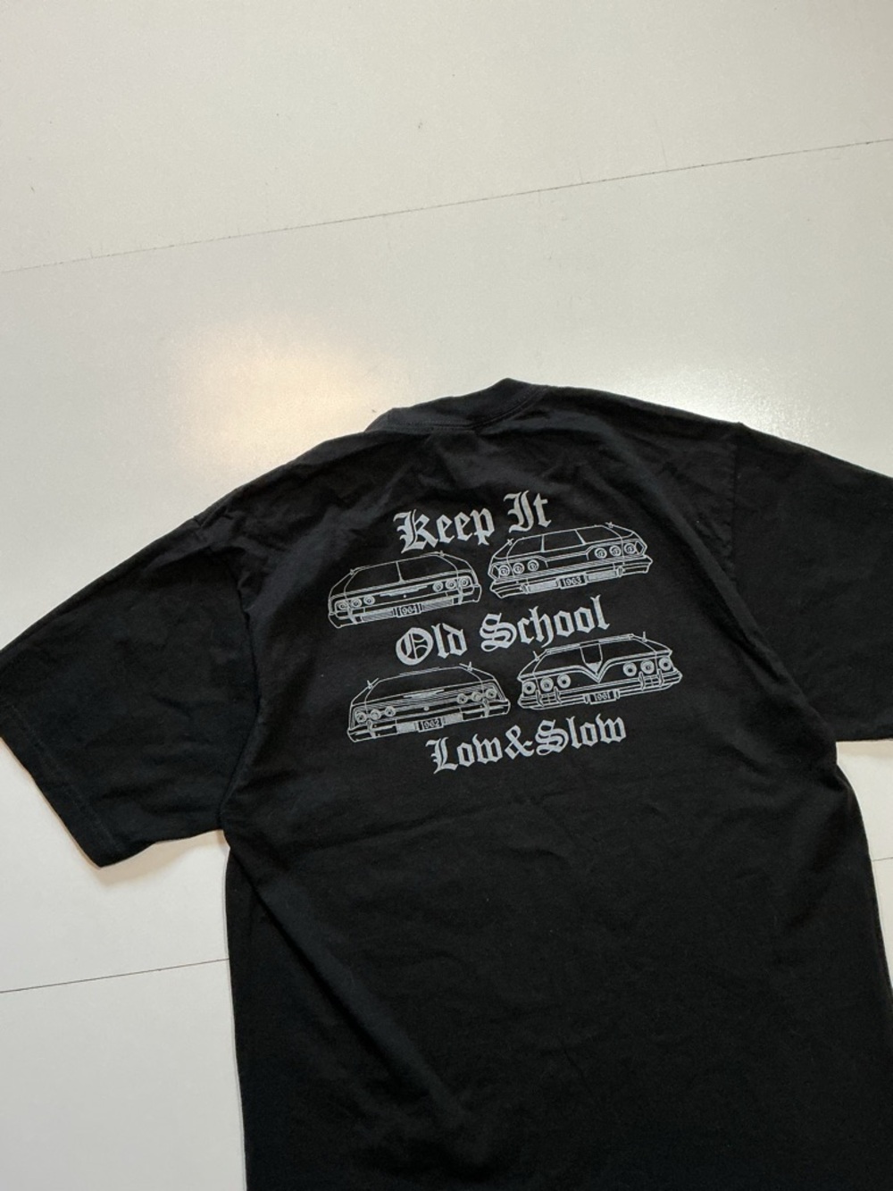 Chevy Impala Chevrolet Keep It Old School Low Slow Lowrider Cars Graphic T-Shirt View 4